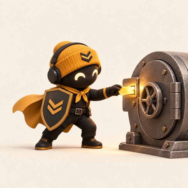 The Front-line Guard slides a glowing task card through a slot beside a vault that stays shut.