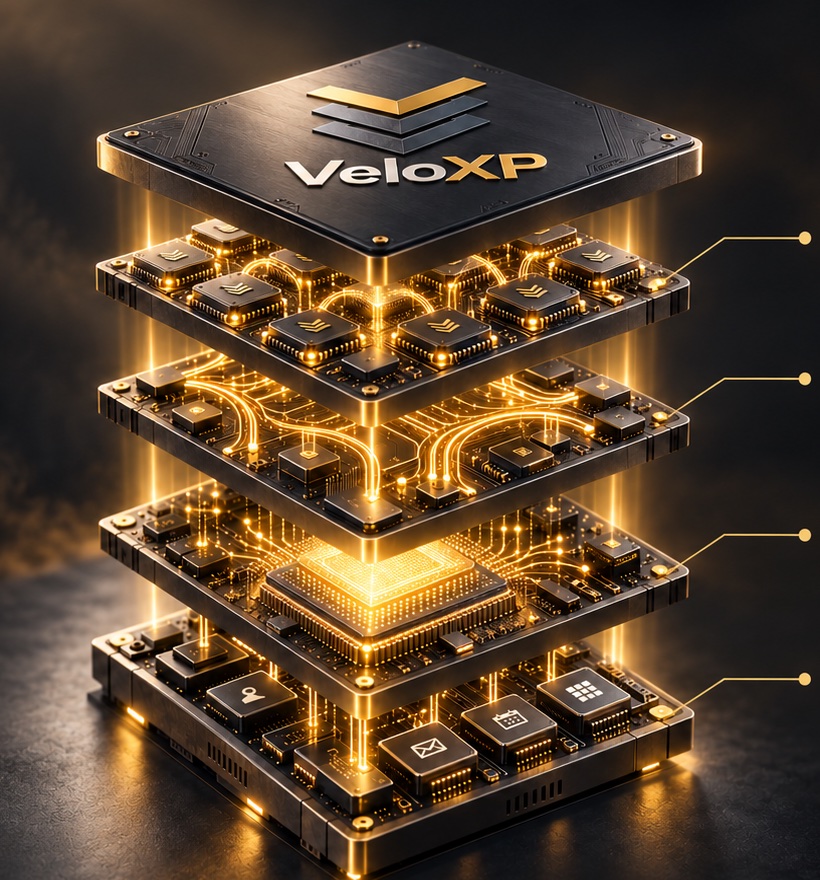 VeloXP as a stack of four glowing layers: your tools at the bottom, then what your business knows, then the workflows, then the assistants, with VeloXP on top.