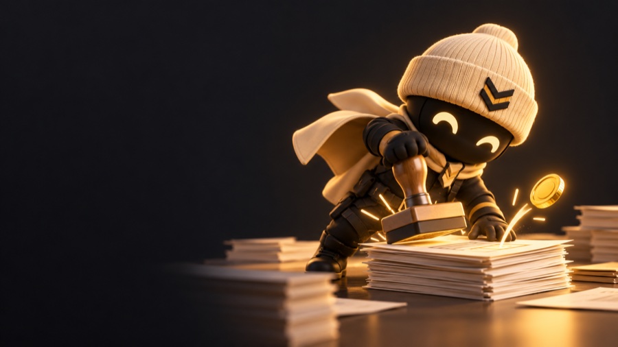The Scribe stamps a stack of invoices as a gold coin pops off the top.